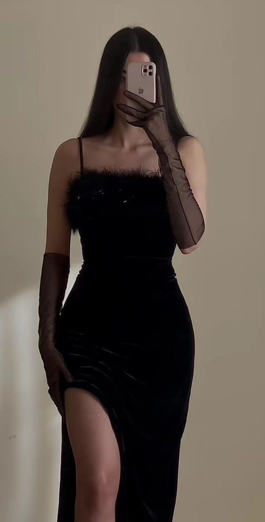 Simple Mermaid Straps Long Slit Black Feather Prom Dresses P1263