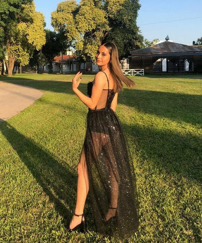 Sexy A-Linien Träger Langes Schlitz Schwarzes Ballkleid P1264