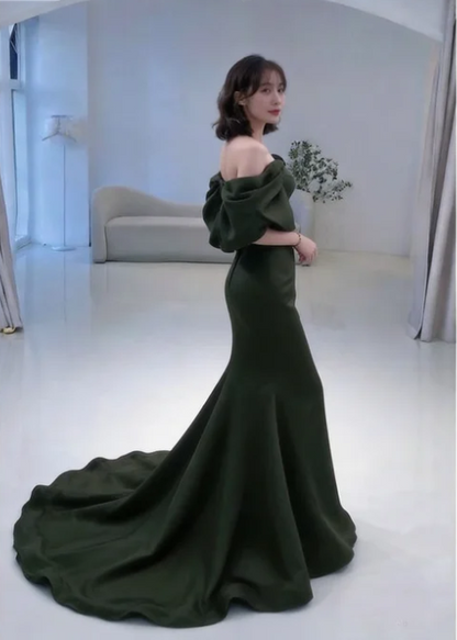 Meerjungfrau Off-Shoulder Dunkelgrünes langes Ballkleid P1268