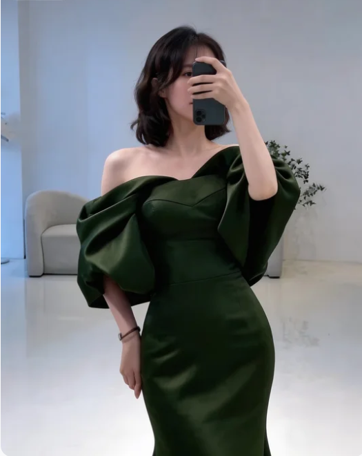 Meerjungfrau Off-Shoulder Dunkelgrünes langes Ballkleid P1268