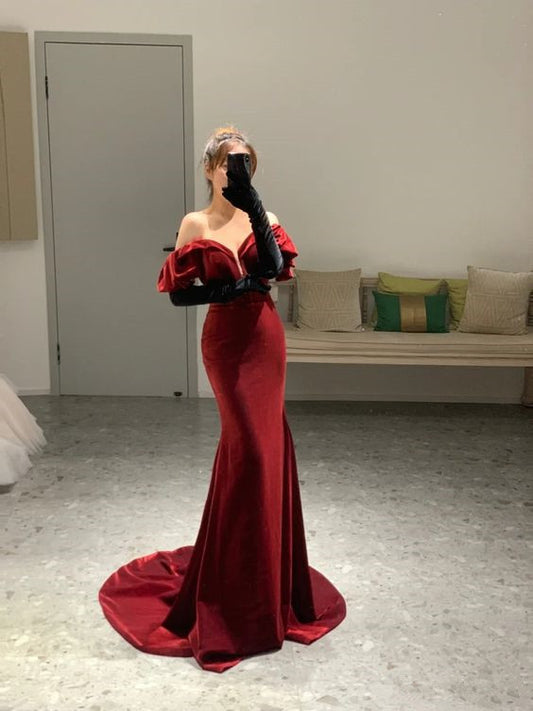 Mermaid Off The Shoulder Burgundy Long Prom Dress P1269