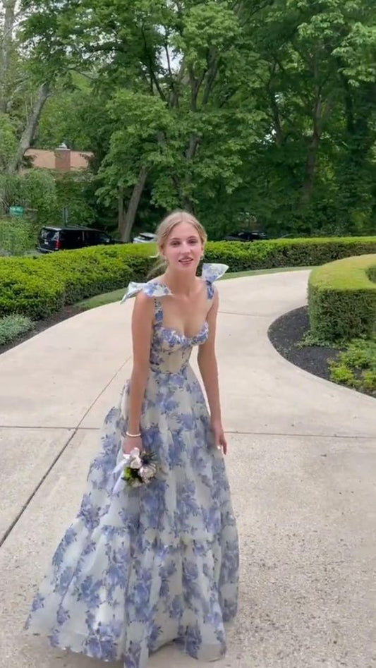 Beautiful Aline Spaghetti Strap Sleeveless Long Floral Prom Dress P1274