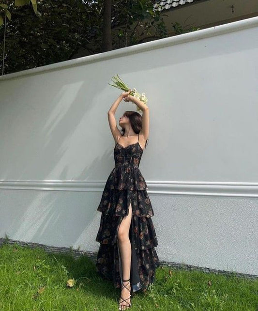 Beautiful Aline Spaghetti Strap Sleeveless Long Floral Black Prom Dress P1275