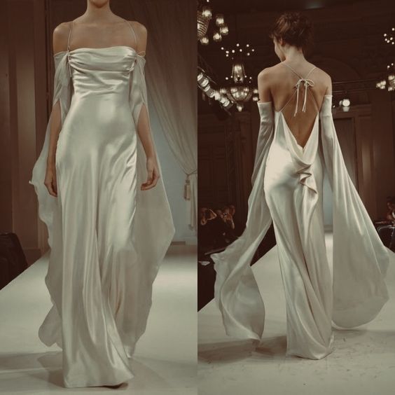 Vintage A line Strapless Long Sleeves White Silk Satin Backless Weddin