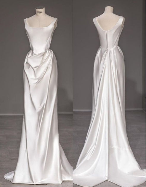 Vintage Mermaid Straps Long White Satin Backless Wedding Dresses P1279 ...