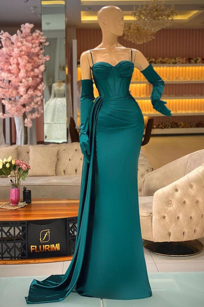 Elegantes Meerjungfrauen-Abendkleid, lang, dunkelgrün, mit Spaghettiträgern und Rüschen P1291