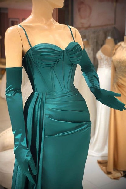 Elegantes Meerjungfrauen-Abendkleid, lang, dunkelgrün, mit Spaghettiträgern und Rüschen P1291