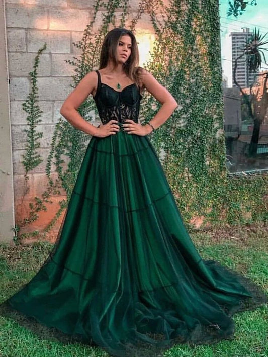 Elegant Spaghetti Straps Green Tulle Prom Dresses with Appliques Lace P1292