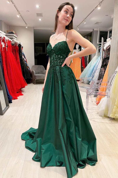 Elegant A line Floral Appliques Lace-Up A-Line Dark Green Prom Dresses –  PreppyDress