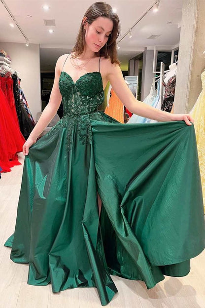 Élégante robe de bal vert foncé à ligne A, avec appliques florales et laçage P1296