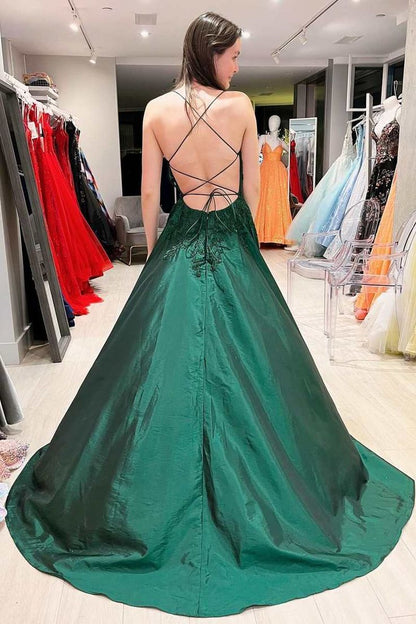 Elegant A line Floral Appliques Lace-Up A-Line Dark Green Prom Dresses –  PreppyDress