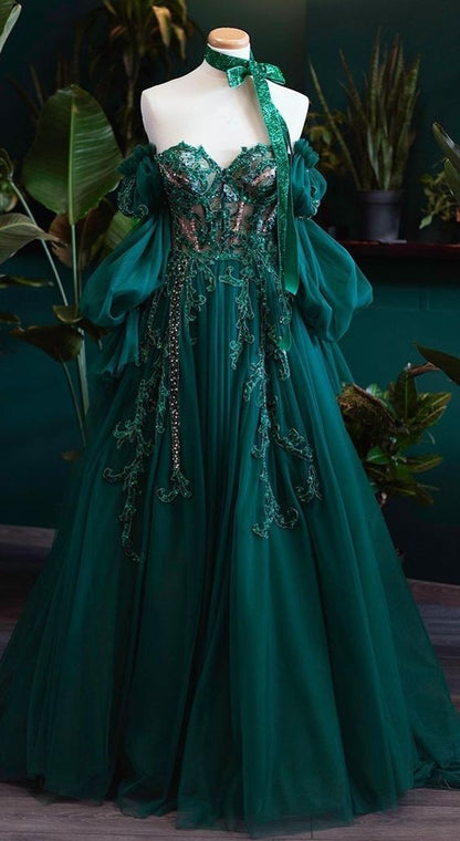 Robes de bal vintage en tulle vert foncé à lacets avec applications ligne A P1297