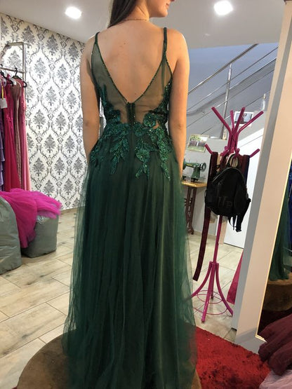 Vintage A line Straps Appliques Dark Green Tulle Prom Dresses P1299
