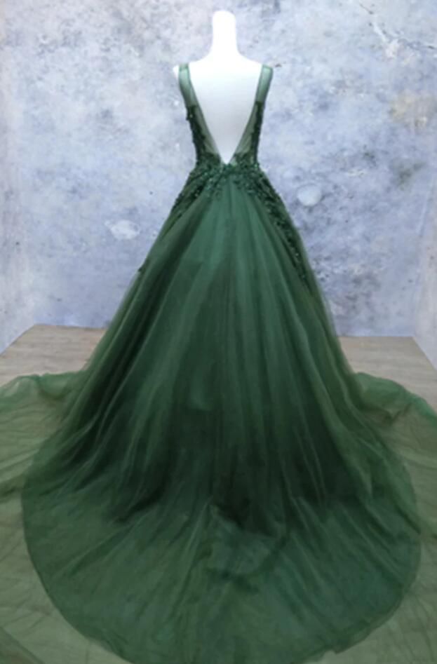 Dark Green A Line Backless Prom Dresses V Neck Appliqued Beaded Formal Dress P1302