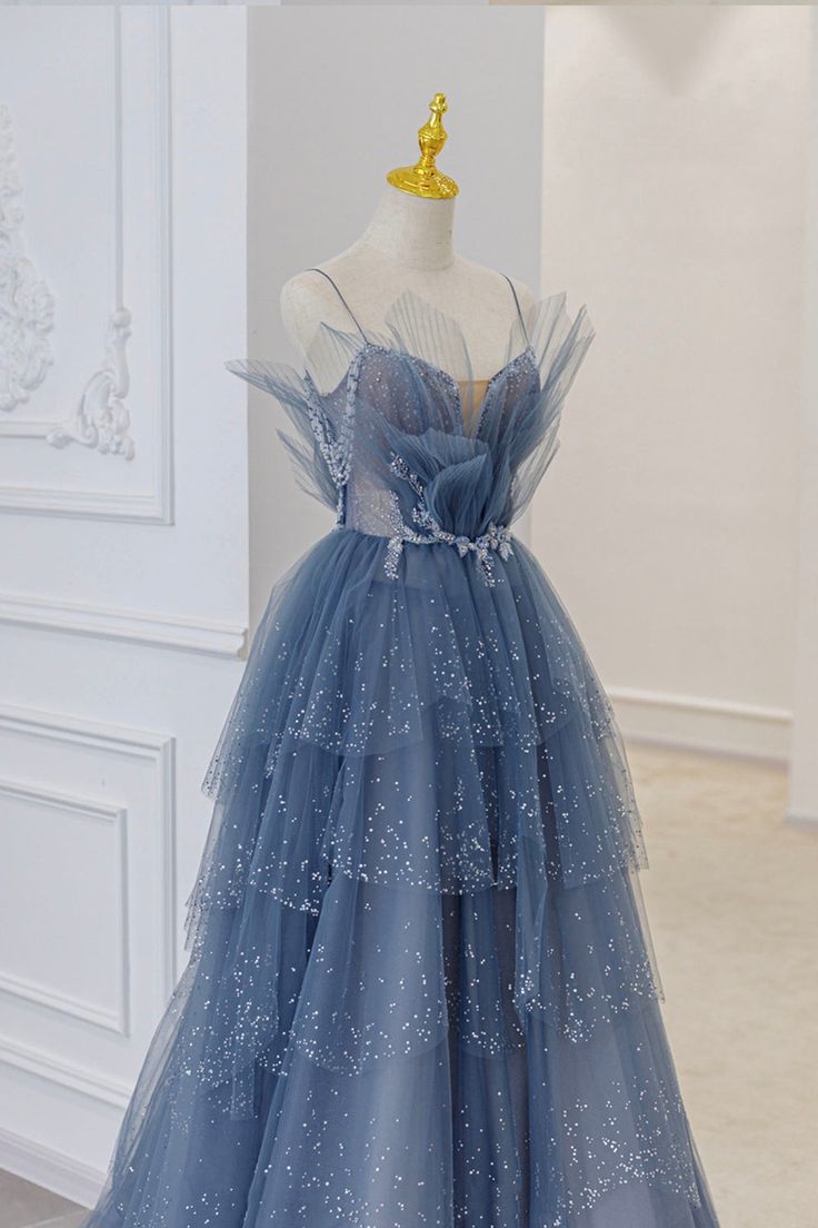 Vintage Blue Tulle Beaded Long Senior Prom Dress A-Line Blue Formal Dr – PreppyDress Vintage Blue Tulle Beaded Long Senior Prom Dress A-Line Blue Formal Dr – PreppyDress