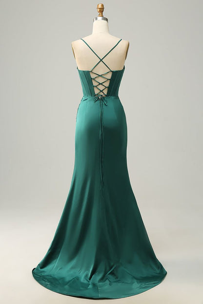 Sexy Meerjungfrau Träger Dunkelgrün Abschlussballkleid Spaghettiträger Abendkleid P1335