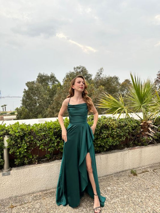 Sexy A-line Dark Green High Slit Long Prom Dresses P1339
