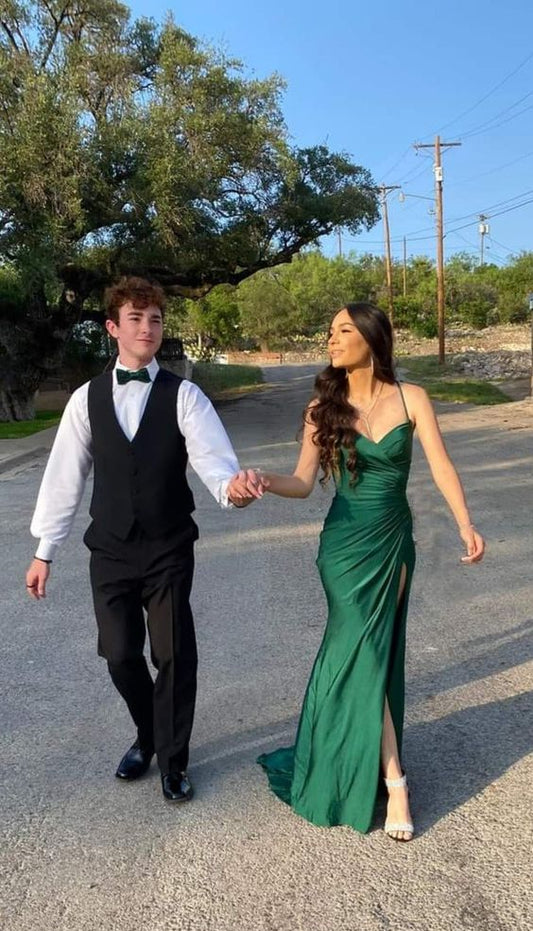 Sexy Mermaid Spaghetti Straps Dark Green High Slit Long Prom Dresses P1345