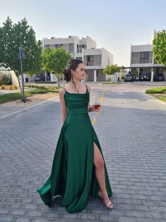 Sexy A line Spaghetti Straps Dark Green Slit Long Prom Dresses P1347