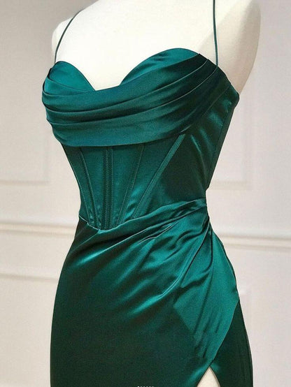 Sexy Mermaid Spaghetti Straps Dark Green Slit Long Prom Dresses P1348   PreppyDress
