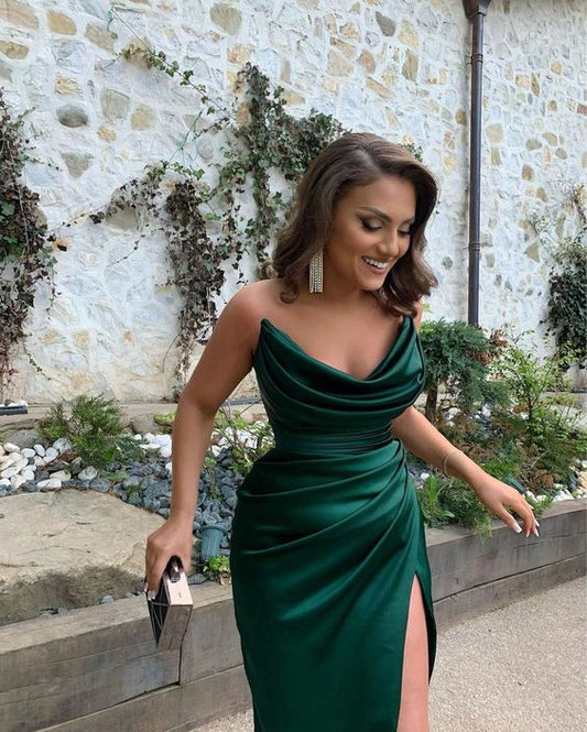 Sexy Mermaid Strapless Dark Green Slit Long Prom Dresses P1349