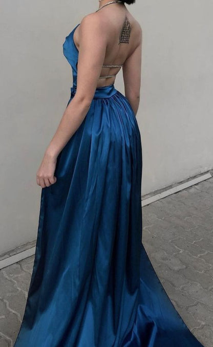 Sexy Etuikleid Neckholder Marineblau Schlitz Langes Ballkleid P1351