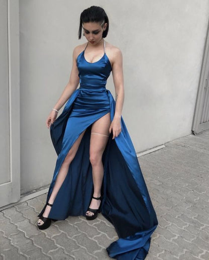 Sexy Etuikleid Neckholder Marineblau Schlitz Langes Ballkleid P1351