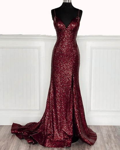 Meerjungfrau Burgund Pailletten bodenlangen Ballkleid 22. Geburtstag Outfit P1374
