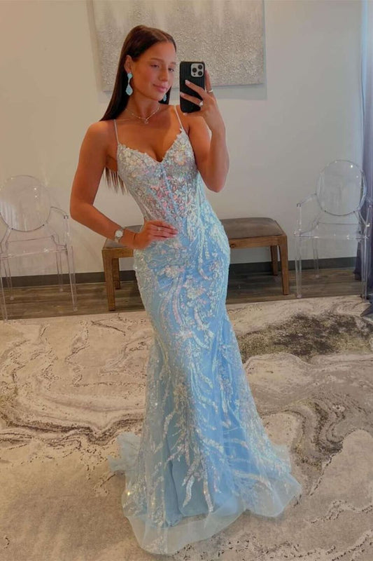Mermaid Light Sky Blue Long Sequin Prom Dress 21st Birthday Outfit P1378