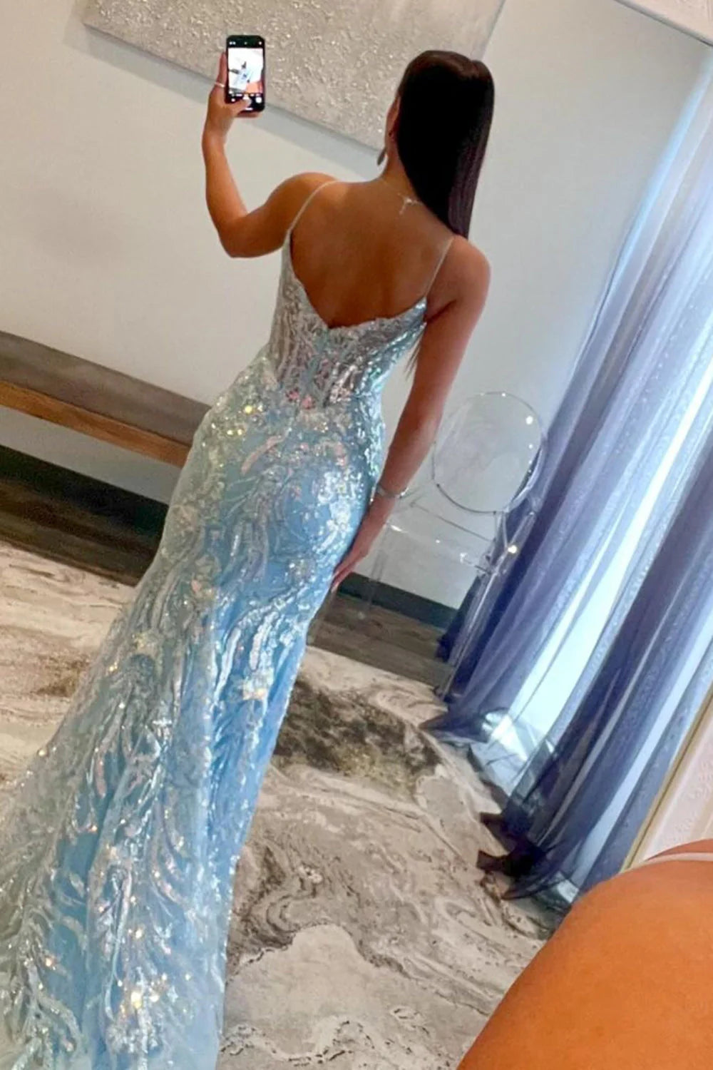 Meerjungfrau Hellblau Langes Pailletten-Ballkleid Outfit zum 21. Geburtstag P1378