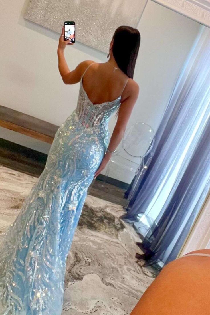 Meerjungfrau Hellblau Langes Pailletten-Ballkleid Outfit zum 21. Geburtstag P1378