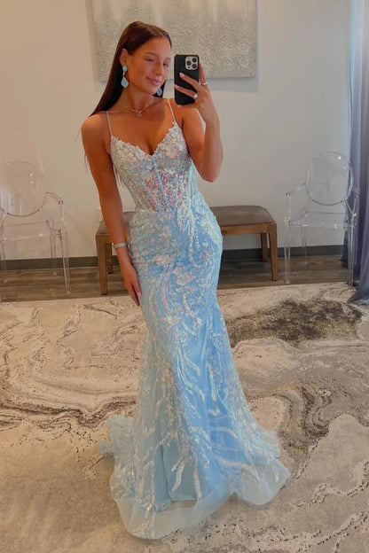 Meerjungfrau Hellblau Langes Pailletten-Ballkleid Outfit zum 21. Geburtstag P1378