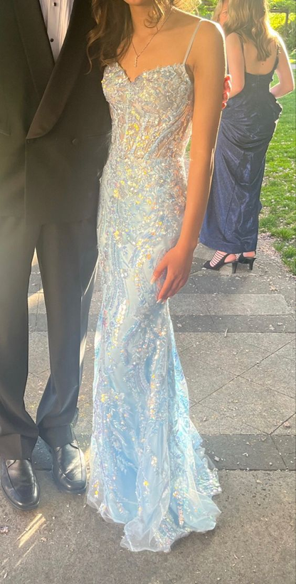 Meerjungfrau Hellblau Langes Pailletten-Ballkleid Outfit zum 21. Geburtstag P1378