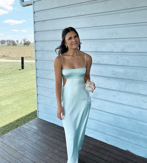 simple spaghetti straps long prom dress birthday outfit P1384