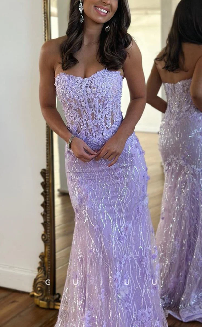 Luxuriöses trägerloses, transparentes Spitzenapplikationen langes Ballkleid Geburtstags-Outfit P1385