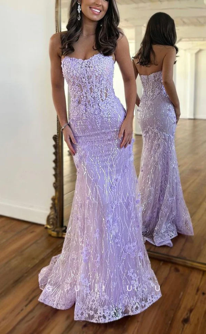 Luxuriöses trägerloses, transparentes Spitzenapplikationen langes Ballkleid Geburtstags-Outfit P1385
