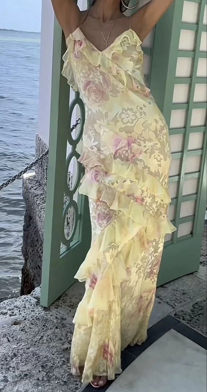 Robe de bal longue sirène jaune avec volants tenue d'anniversaire pour le 22e P1388