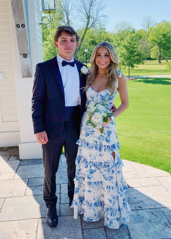 Sexy A line Long Blue Floral Prom Dress Blue and White Party Dresses P