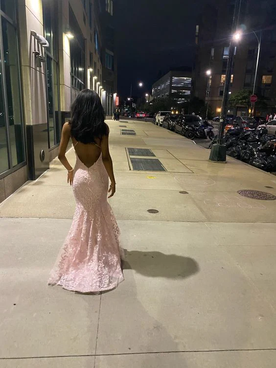 Sexy Mermaid Spaghetti Straps Sleeveless Lace Pink Prom Dress Birthday Outfit P1391