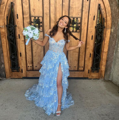 Cute A Line Off the Shoulder Blue Tulle Long Prom Dresses with Appliqu PreppyDress Cute A Line Off the Shoulder Blue Tulle Long Prom Dresses with Appliqu PreppyDress