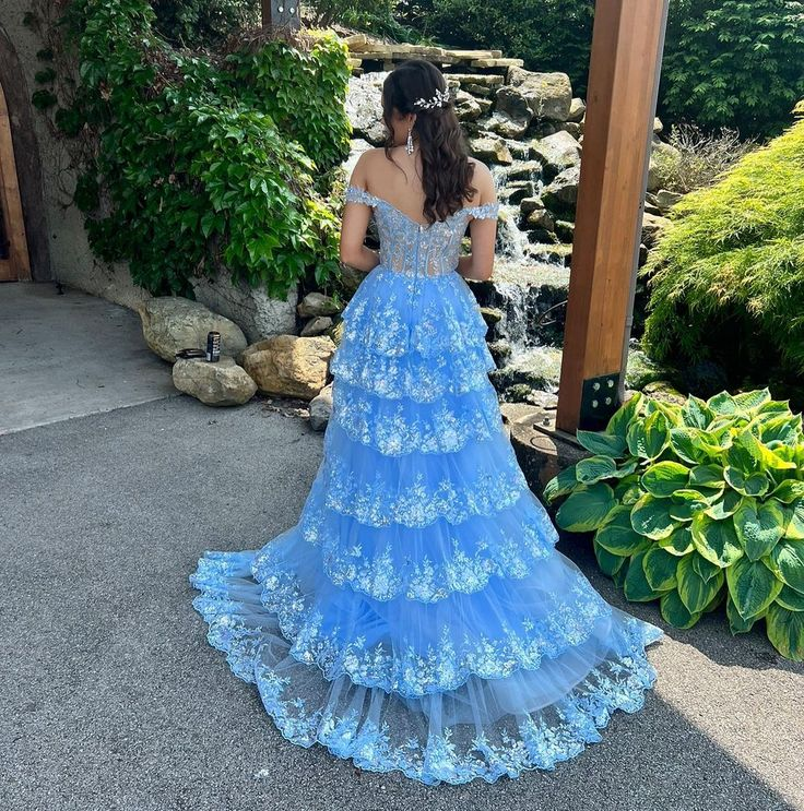 Tulle Appliques Tiered Ruffle Long Prom Dress with slit Birthday Outfit P1394