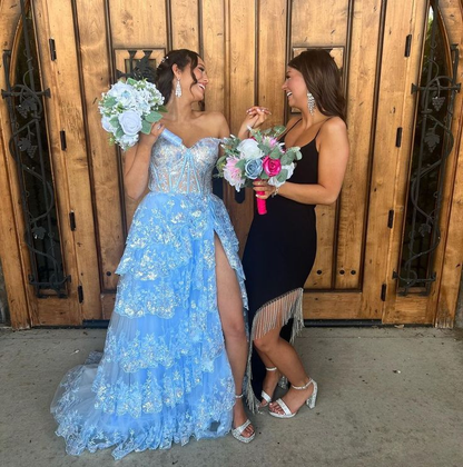 Cute A Line Off the Shoulder Blue Tulle Long Prom Dresses with Appliqu –  PreppyDress