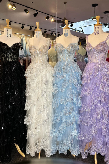 Tüll-Applikationen Stufenrüschen Langes Ballkleid mit Schlitz Geburtstags-Outfit P1394