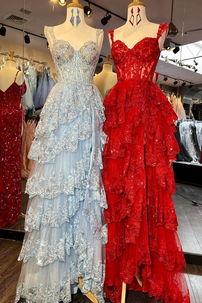 Tüll-Applikationen Stufenrüschen Langes Ballkleid mit Schlitz Geburtstags-Outfit P1394