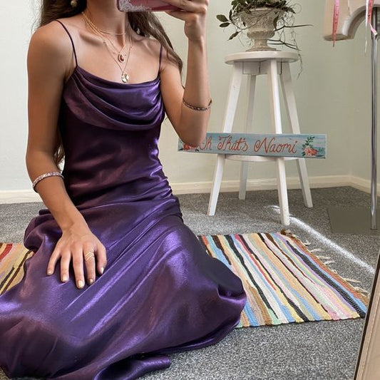 Simple A line Straps Sleeveless Dark Purple Satin Prom Dress P1398