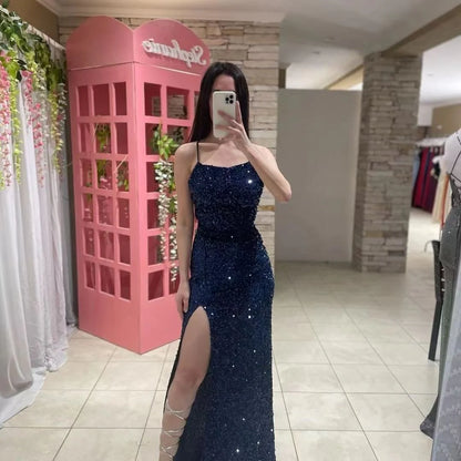 Glitter Sheath/Column Navy Blue Prom Dress with Split P1403 PreppyDress Glitter Sheath/Column Navy Blue Prom Dress with Split P1403 PreppyDress
