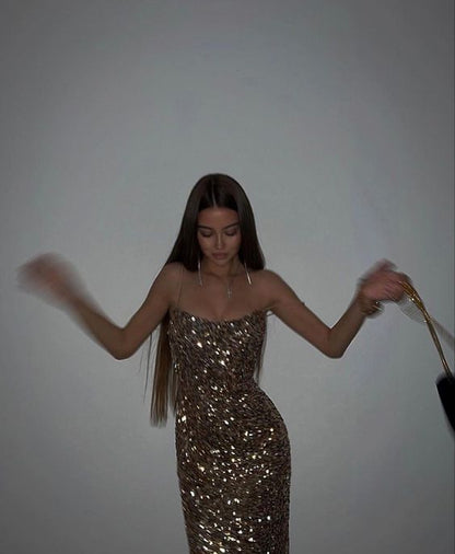 Einfaches Scheiden-Träger-langes Pailletten-Gold-Abschlussballkleid P1412