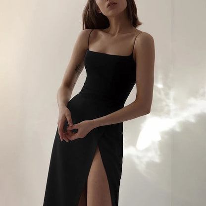 Einfaches Scheiden-Träger-langes schwarzes Schlitz-Ballkleid P1414