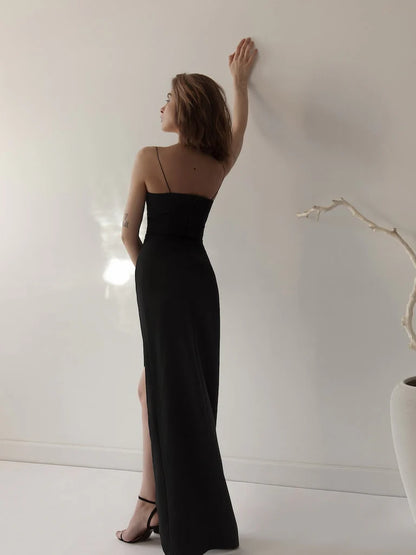 Einfaches Scheiden-Träger-langes schwarzes Schlitz-Ballkleid P1414