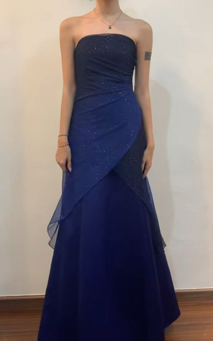 Vintage A line Strapless Navy Blue Long Prom Dress P1437 PreppyDress Vintage A line Strapless Navy Blue Long Prom Dress P1437 PreppyDress